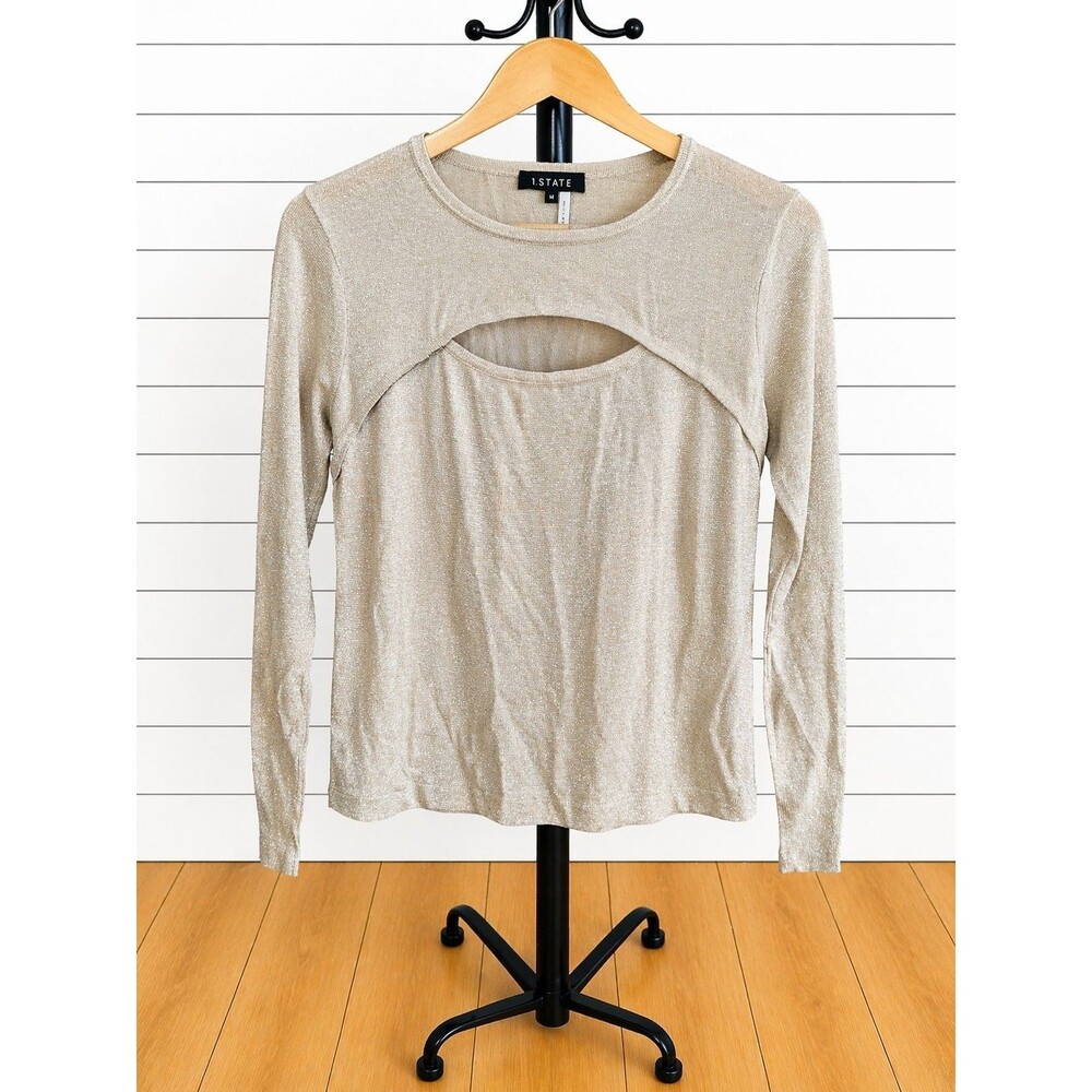 1.State Gold Metallic Long Sleeve Peekaboo Sweater Knit Top Medium